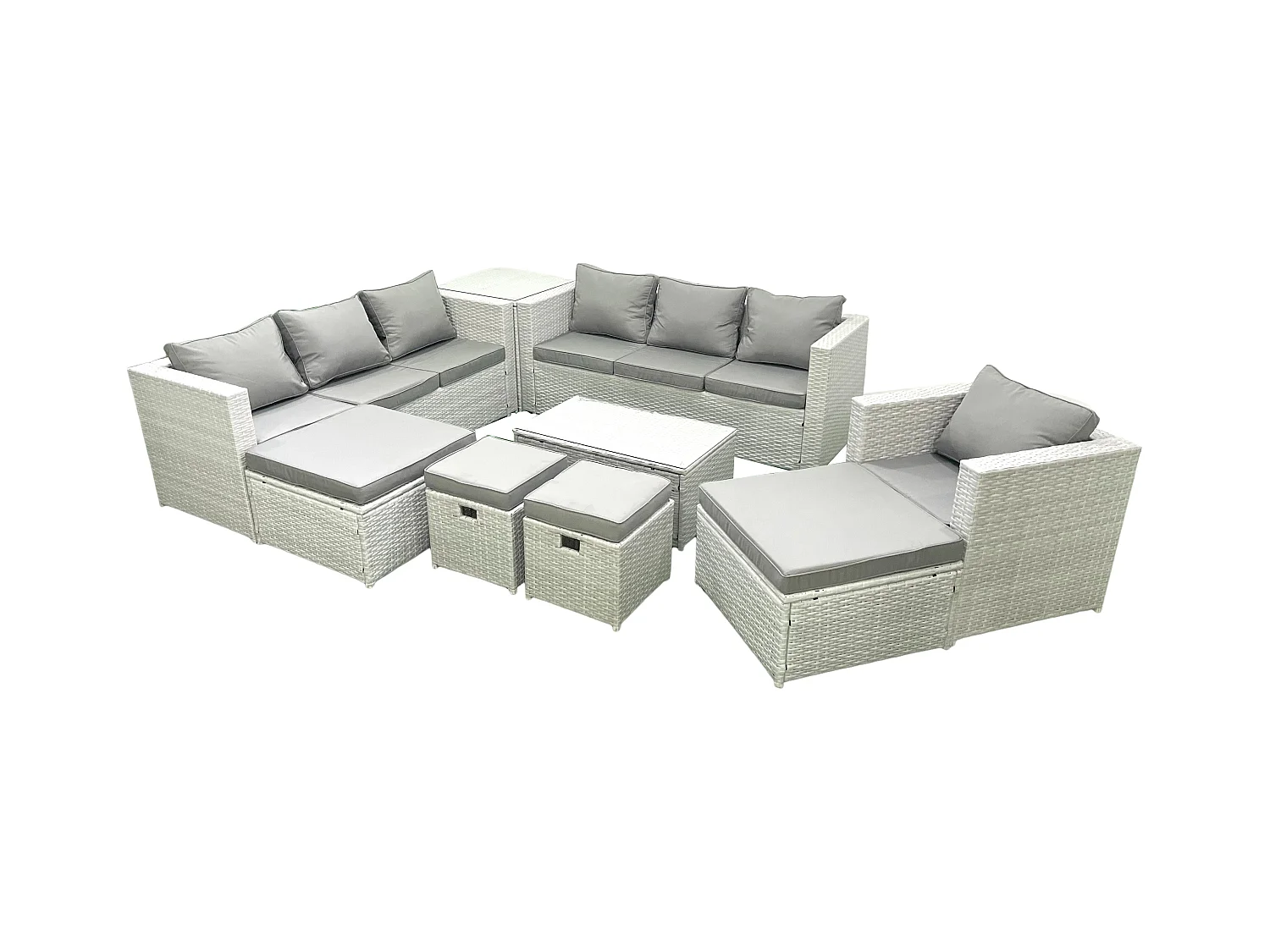 Polyrattan Gartenmöbel Set 9 Stücke Garten Sofa Stuhl Couchtisch Set mit Beistelltisch 4 Hockern Hellgrau gemischt