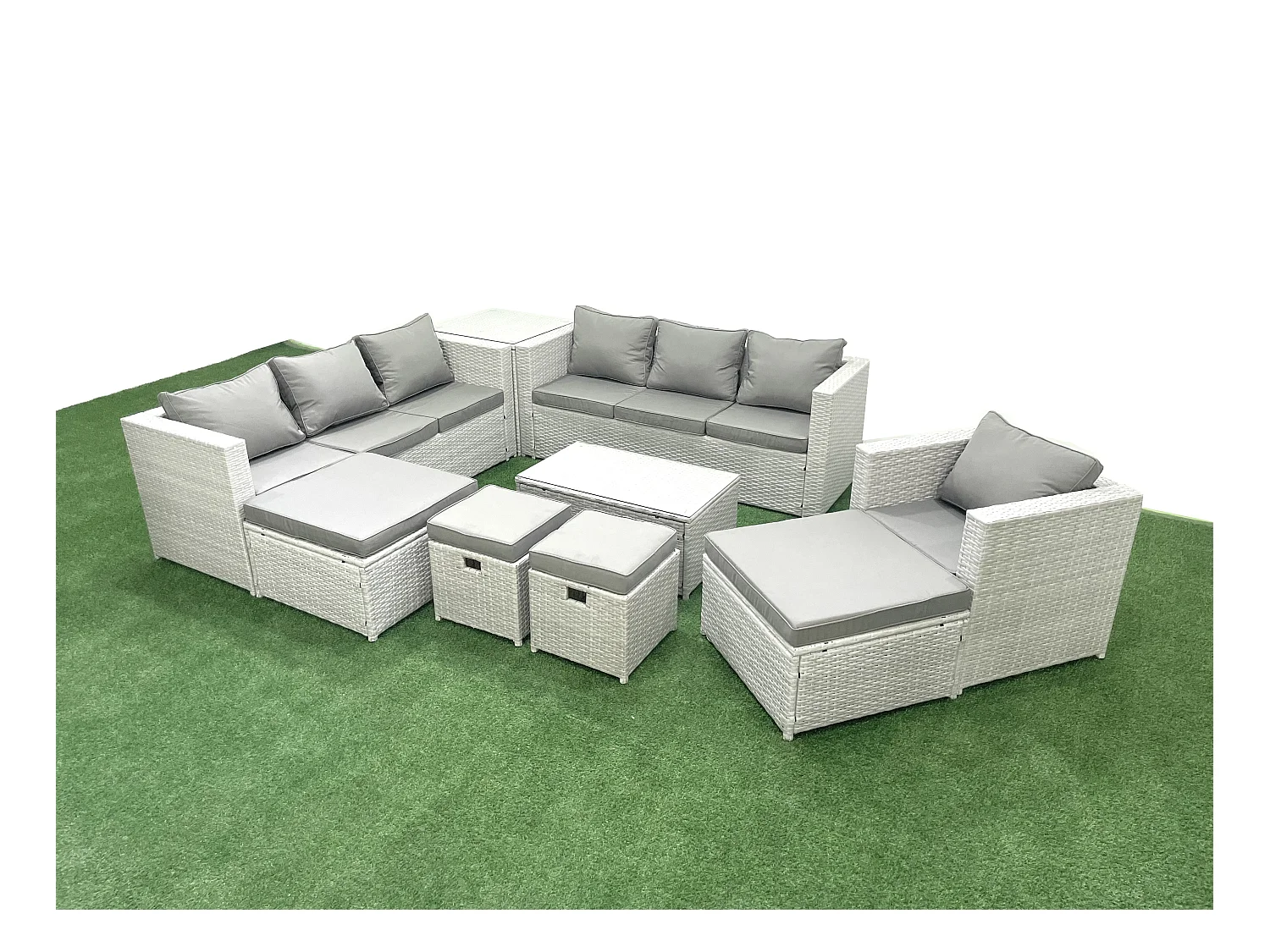 Polyrattan Gartenmöbel Set 9 Stücke Garten Sofa Stuhl Couchtisch Set mit Beistelltisch 4 Hockern Hellgrau gemischt