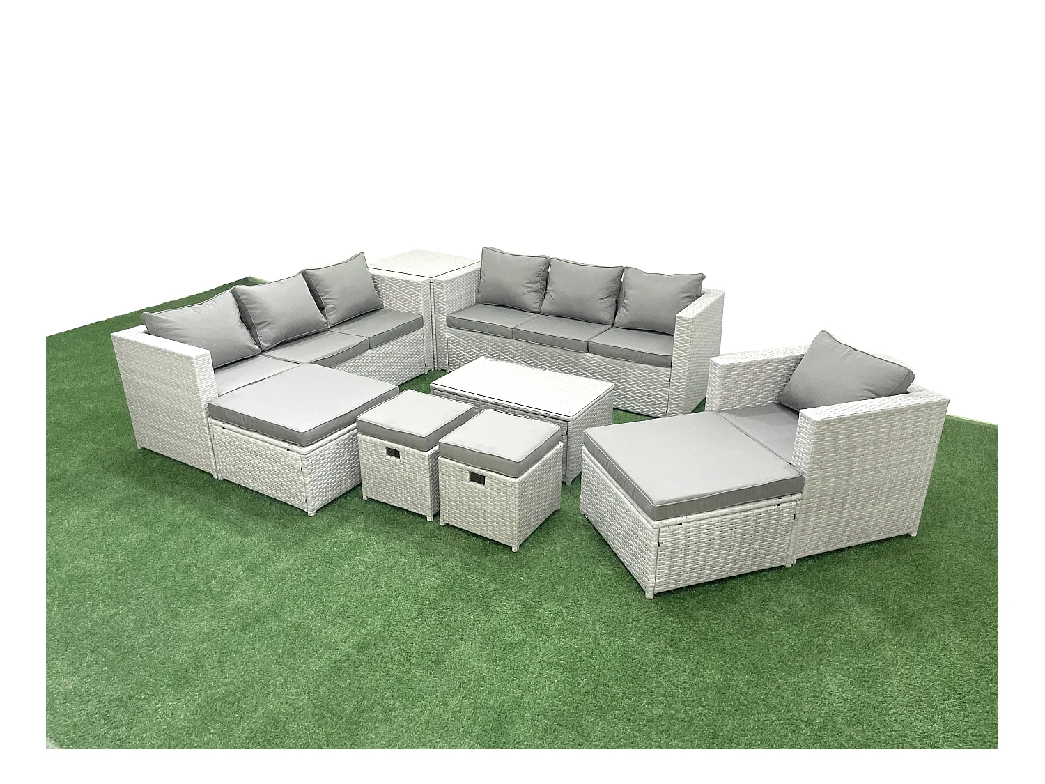 Polyrattan Gartenmöbel Set 9 Stücke Garten Sofa Stuhl Couchtisch Set mit Beistelltisch 4 Hockern Hellgrau gemischt