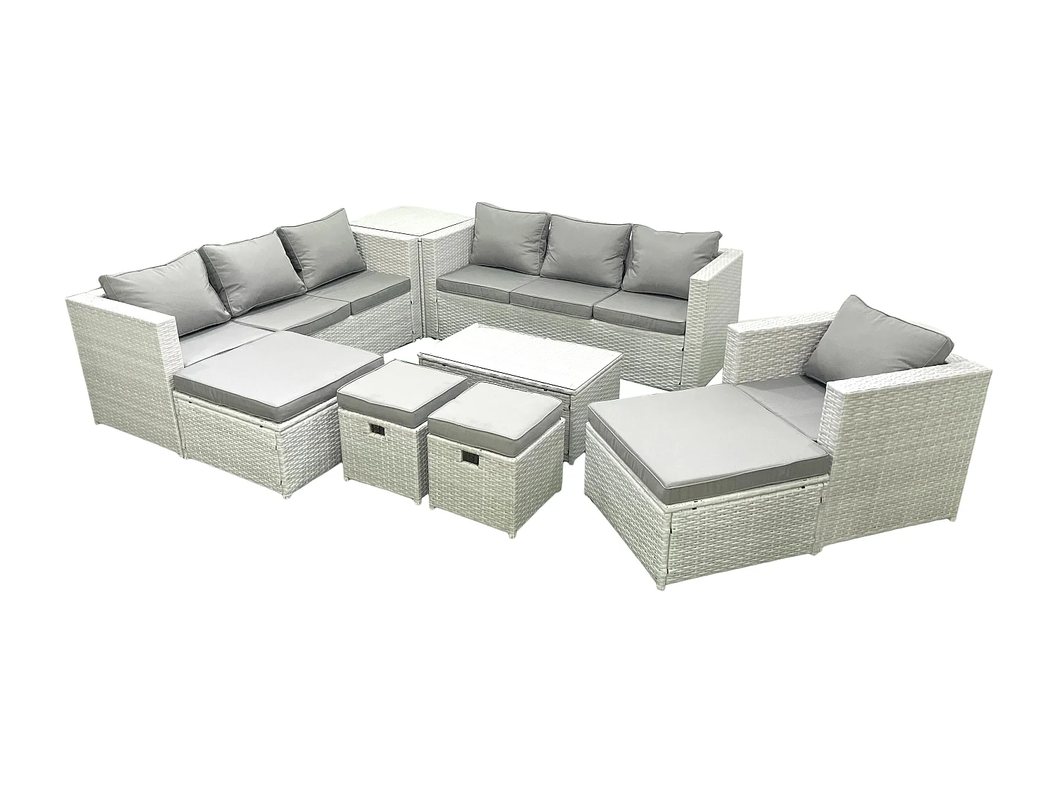 Salon de jardin 9 Pièces Canapé de jardin avec Fauteuil Table basse Table d'appoint 4 Tabourets Gris clair mixte