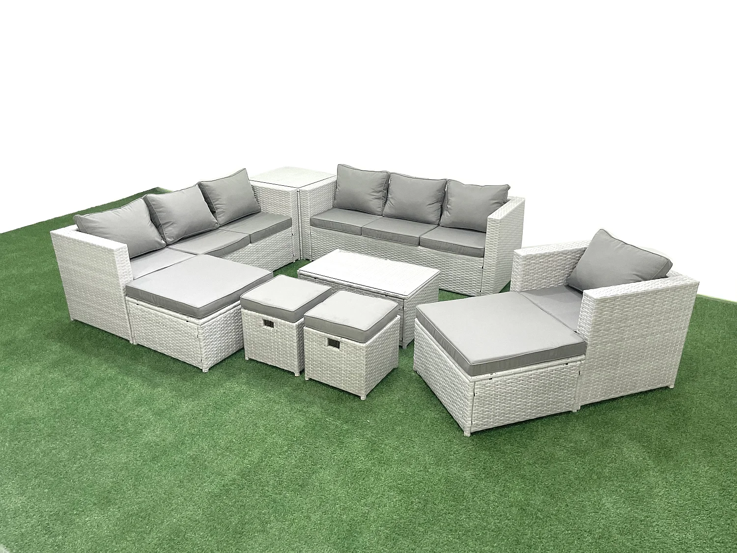 Salon de jardin 9 Pièces Canapé de jardin avec Fauteuil Table basse Table d'appoint 4 Tabourets Gris clair mixte