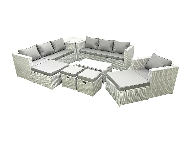 Salon de jardin 9 Pièces Canapé de jardin avec Fauteuil Table basse Table d'appoint 4 Tabourets Gris clair mixte