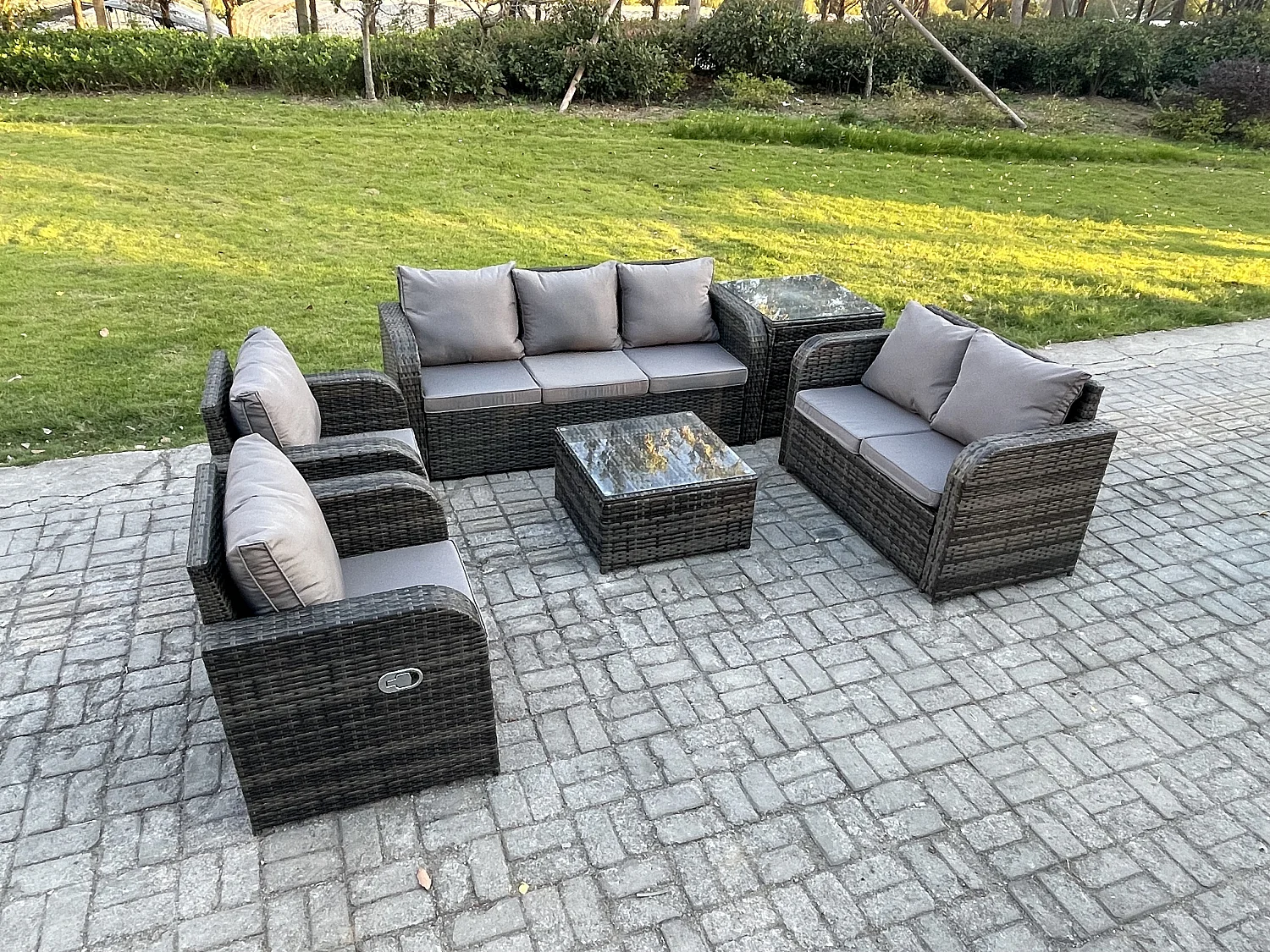 7-Sitzer Gartenmöbelset Rattan Garten Sofa im Freien Sessel mit Gehärteter Glastisch Beistelltisch Dunkelgrau Gemischt