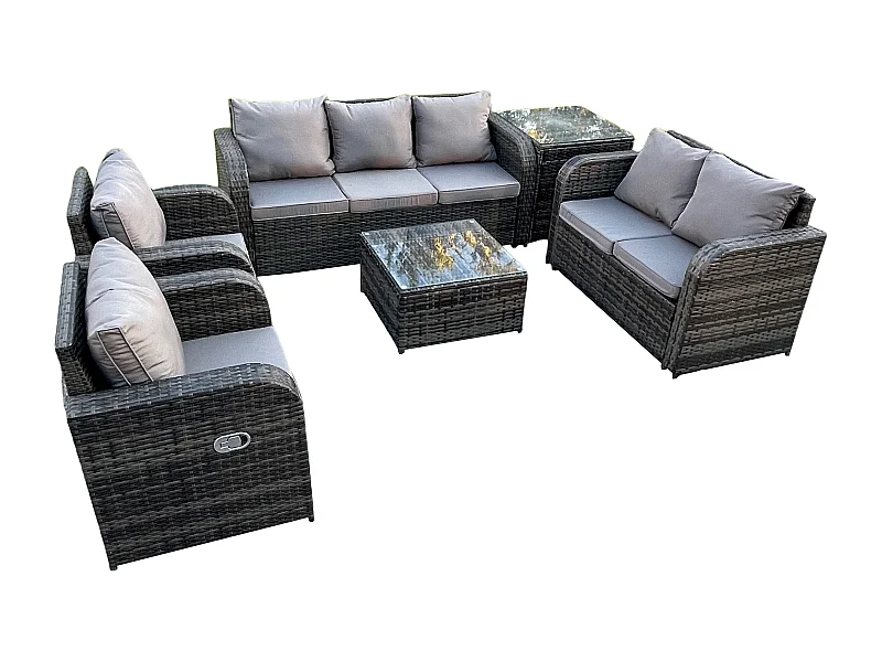 7-Sitzer Gartenmöbelset Rattan Garten Sofa im Freien Sessel mit Gehärteter Glastisch Beistelltisch Dunkelgrau Gemischt