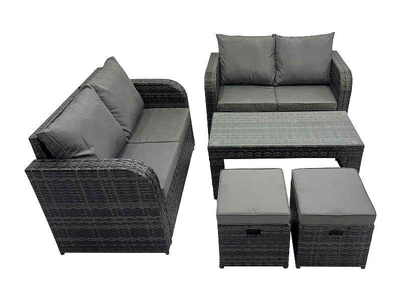 Rattan Gartenmöbel Set im Balkon Garten Sofa Set mit Rechteckiger Couchtisch 2 kleine Fußhockern