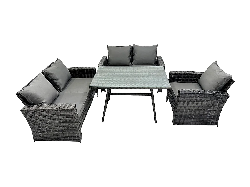 5-Sitzer Polyrattan Garten Esstisch Set Gartenmöbel Sofa mit Rechteckiger Esstisch Doppelsitz Sofa Dunkelgrau Gemischt