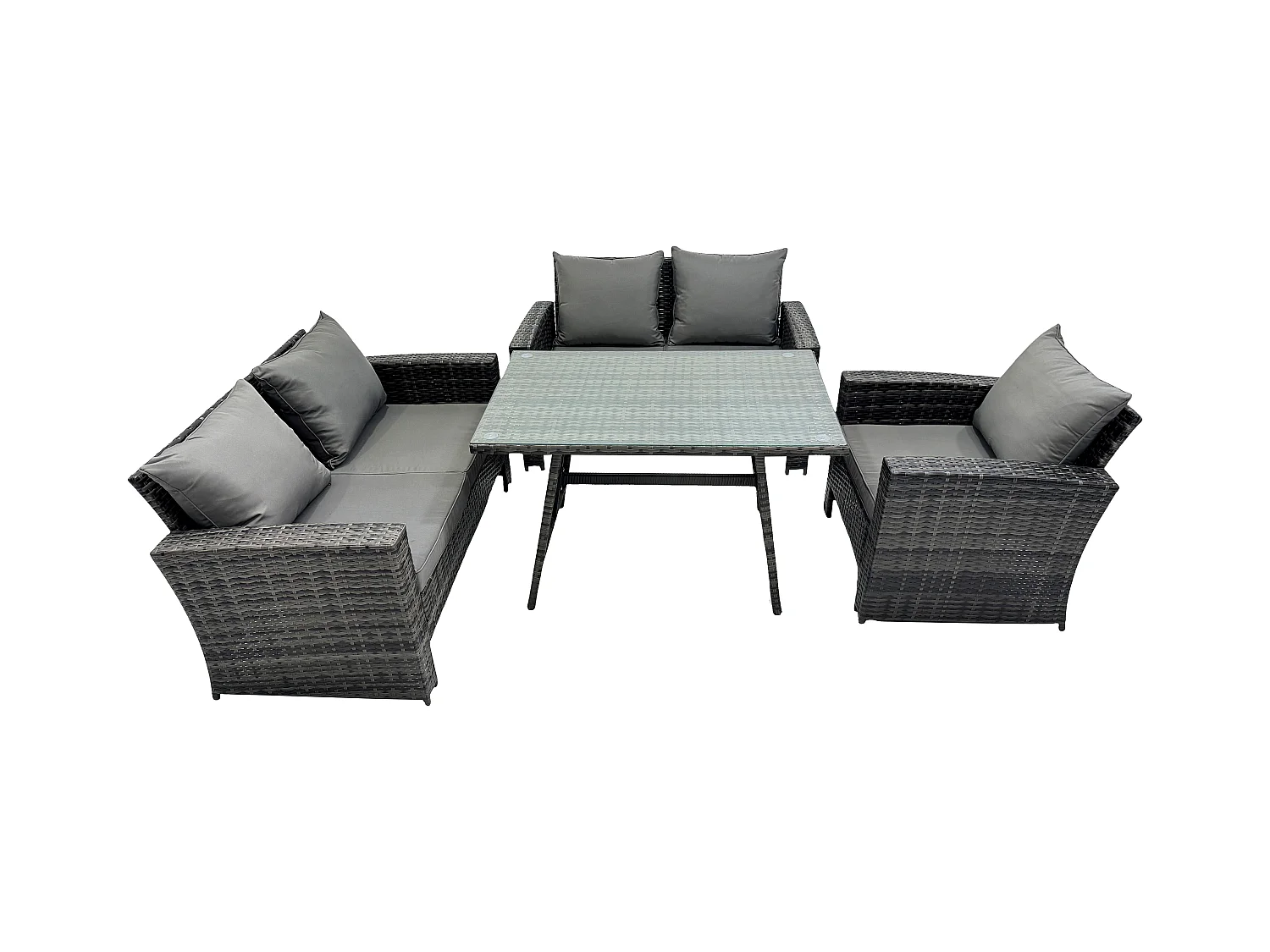 5-Sitzer Polyrattan Garten Esstisch Set Gartenmöbel Sofa mit Rechteckiger Esstisch Doppelsitz Sofa Dunkelgrau Gemischt