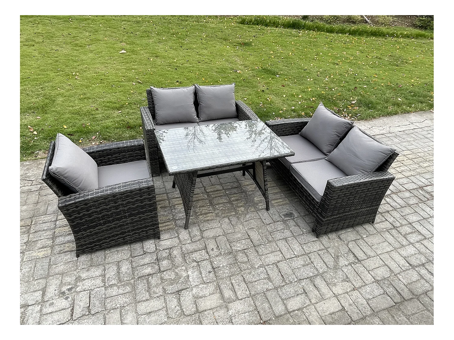 5-Sitzer Polyrattan Garten Esstisch Set Gartenmöbel Sofa mit Rechteckiger Esstisch Doppelsitz Sofa Dunkelgrau Gemischt