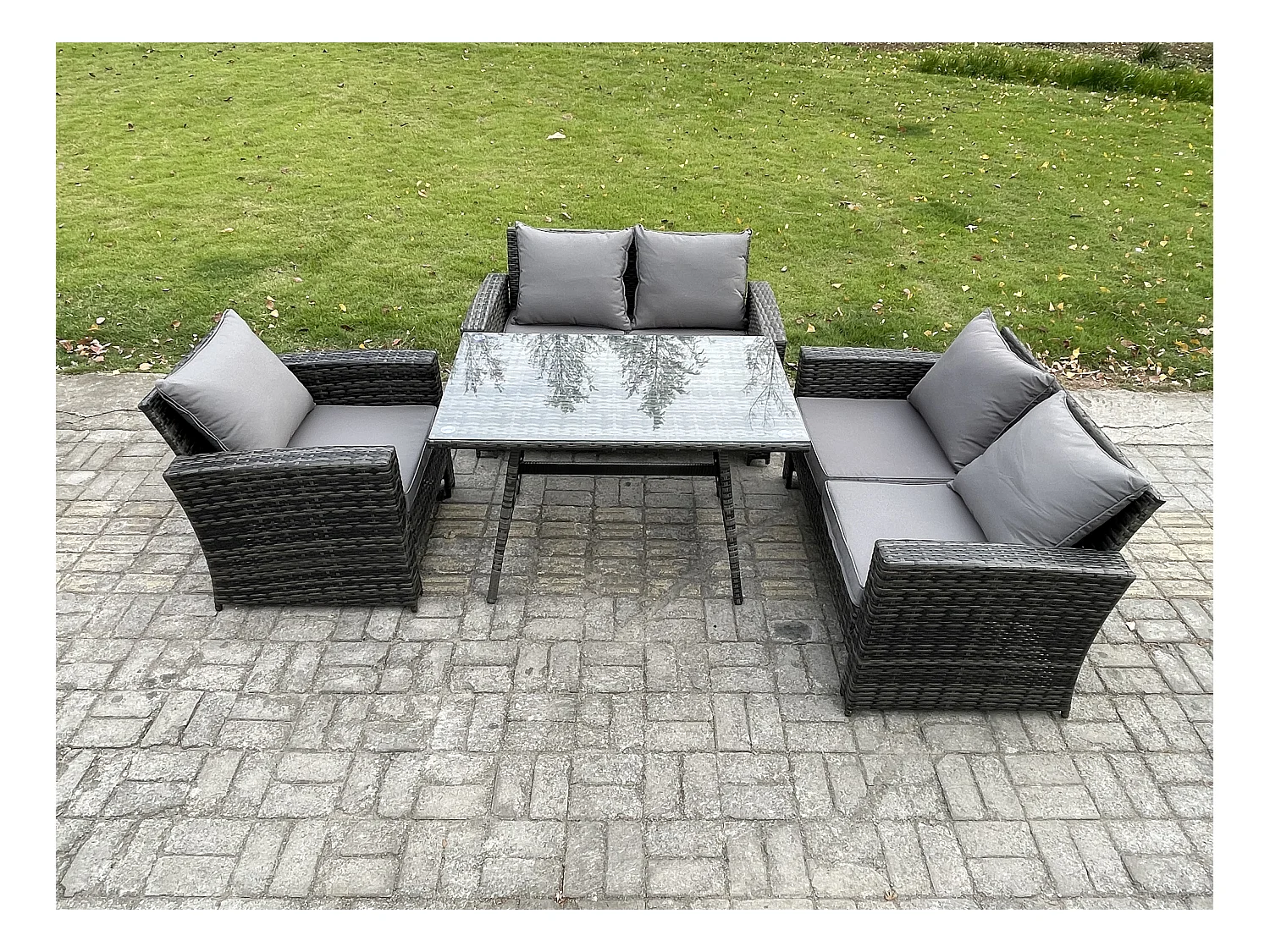5-Sitzer Polyrattan Garten Esstisch Set Gartenmöbel Sofa mit Rechteckiger Esstisch Doppelsitz Sofa Dunkelgrau Gemischt
