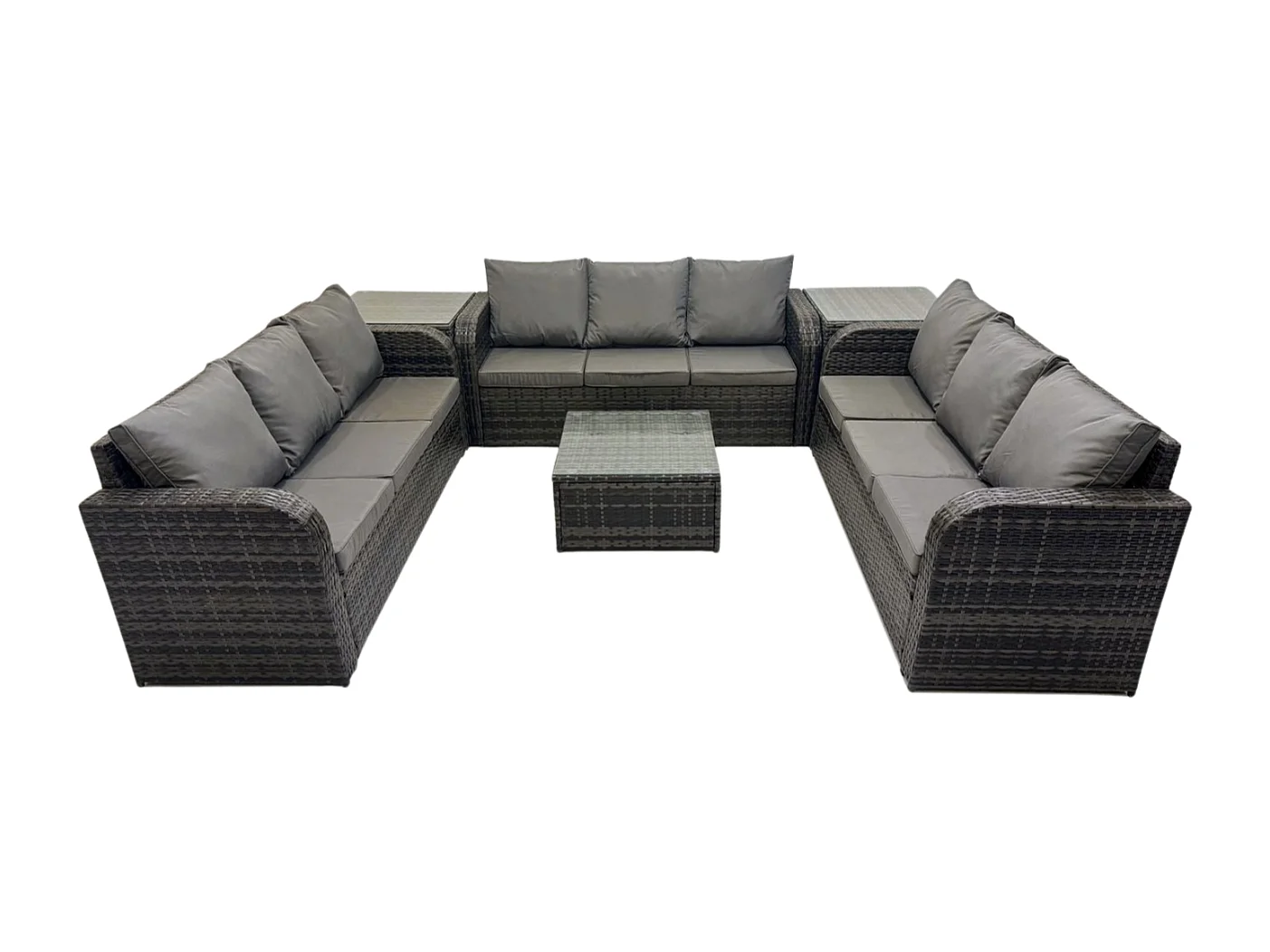 Rattan Gartenmöbel Set im Balkon Set Patio Garten Sofa Set mit 2 Beistelltisch Quadratischer Couchtisch Dunkelgrau Gemischt