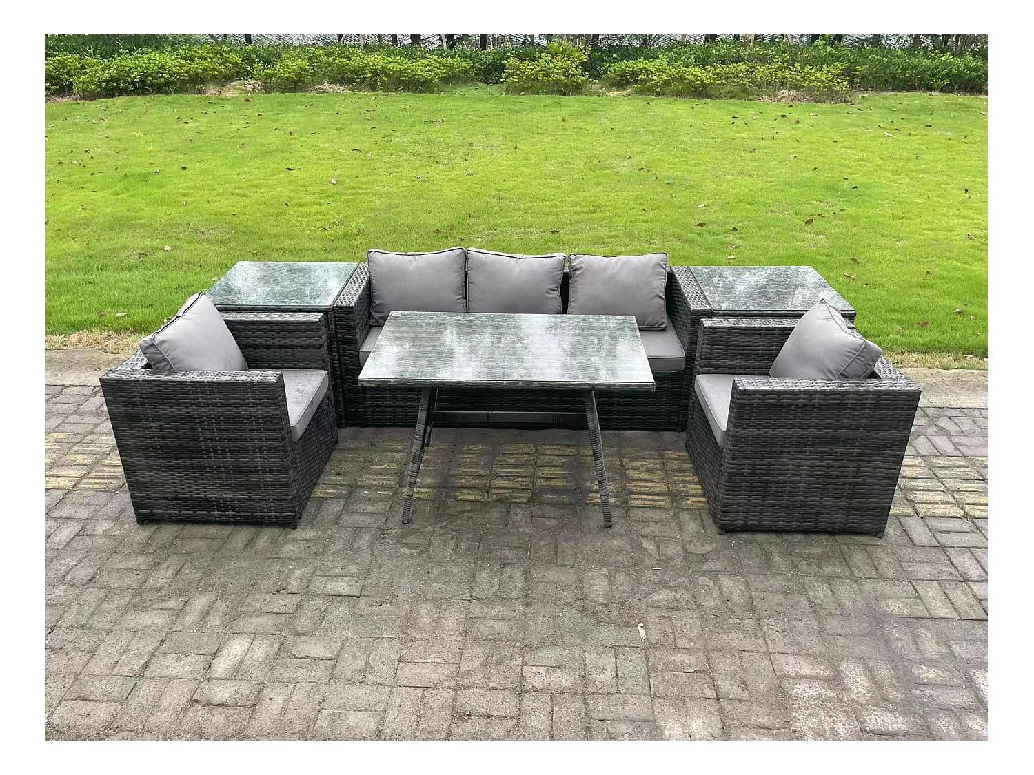 5-Sitzer Gartenmöbel Lounge Sofa Set mit Rechteckiger Esstisch 2 Sesseln 2 Beistelltischen Dunkelgrau Gemischt