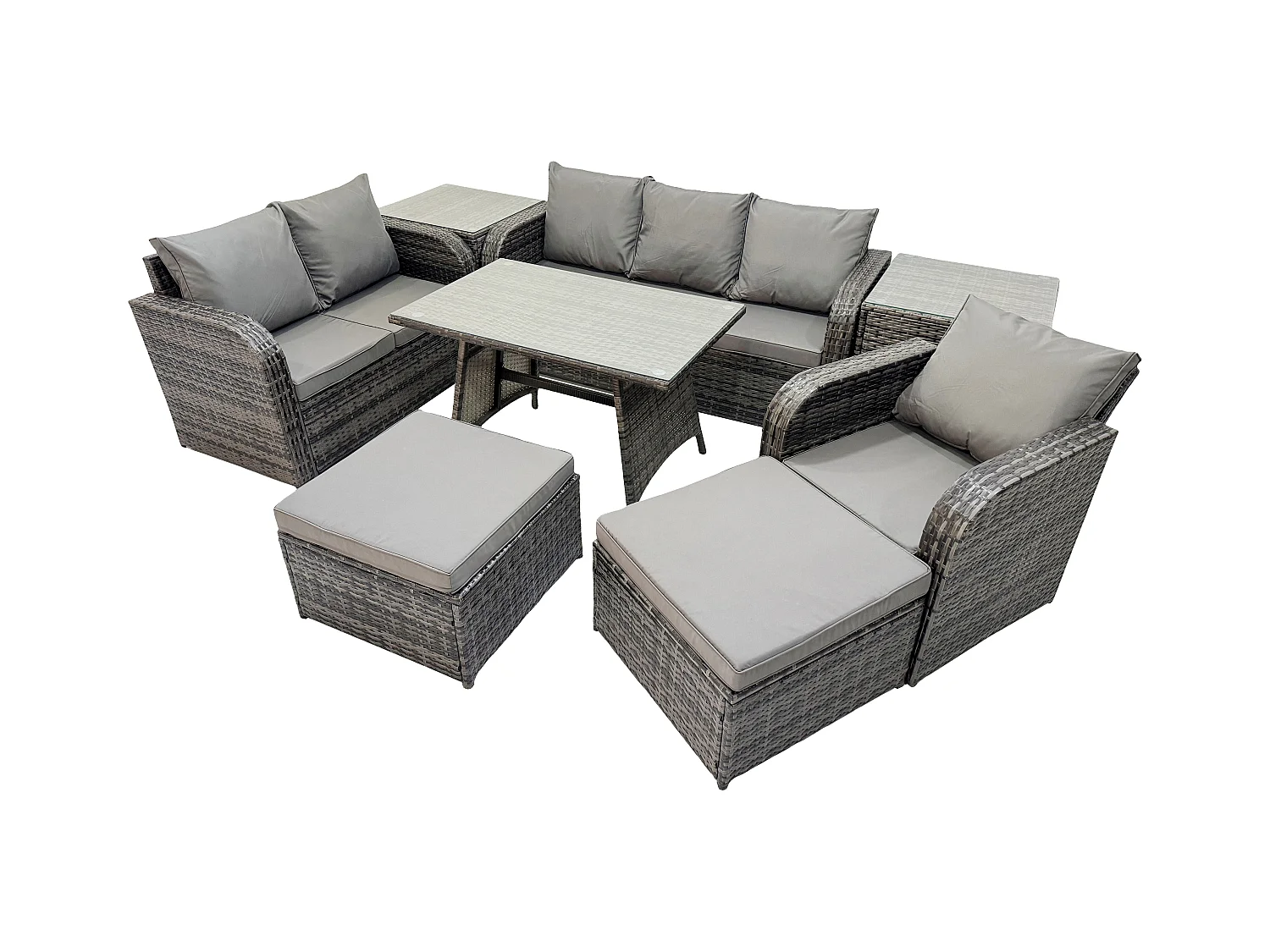8 PCS Garten Sofa im Freien Set Polyrattan Gartenmöbel Set mit Rechteckiger Esstisch Sessel 2 hohen Hockern 2 Beistelltischen Dunkelgrau Gemischt