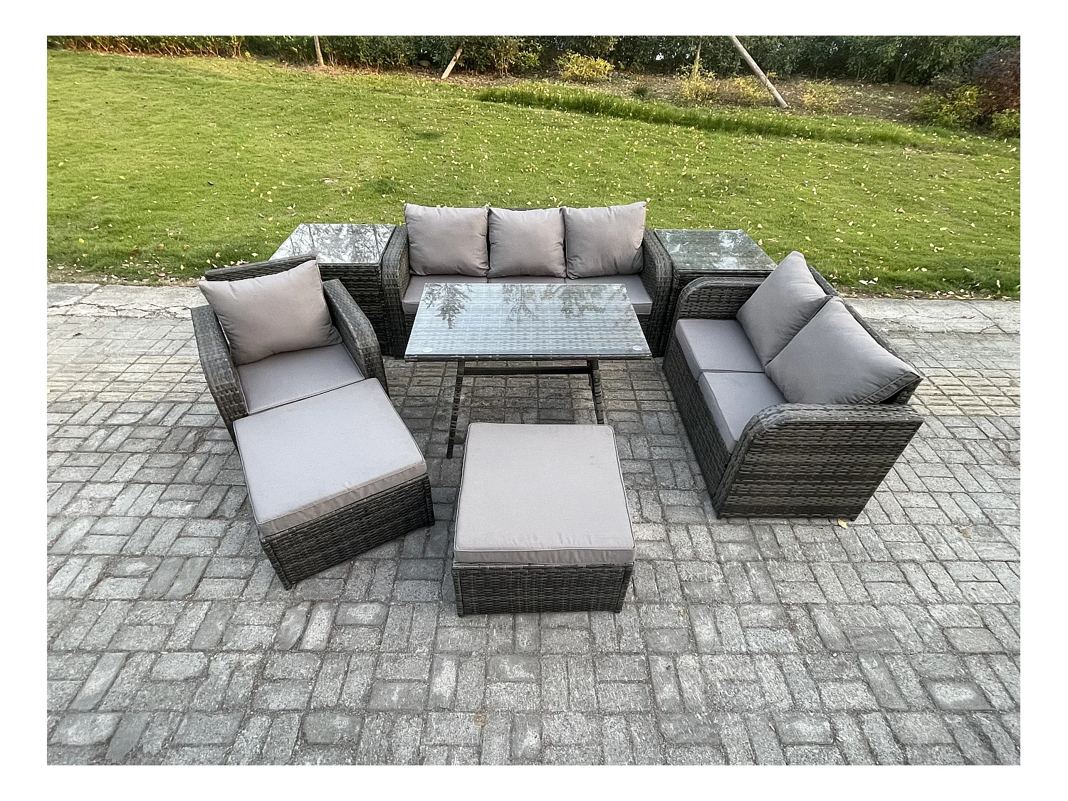 8 PCS Garten Sofa im Freien Set Polyrattan Gartenmöbel Set mit Rechteckiger Esstisch Sessel 2 hohen Hockern 2 Beistelltischen Dunkelgrau Gemischt