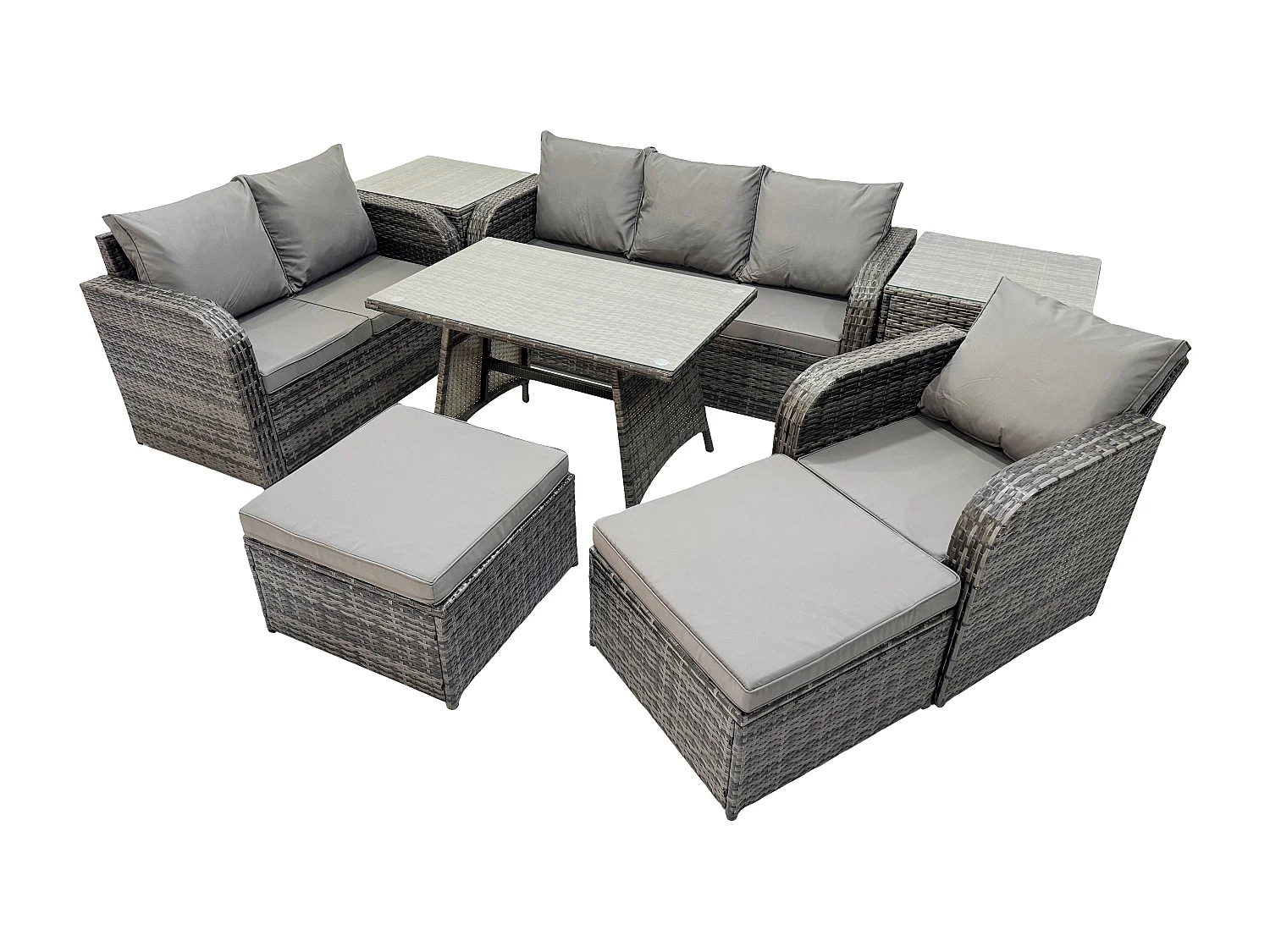 8 PCS Ensemble de canapés en rotin Salon de jardin avec Table à manger rectangulaire Fauteuil 2 Grand tabourets 2 Tables d'appoint Gris foncé mixte