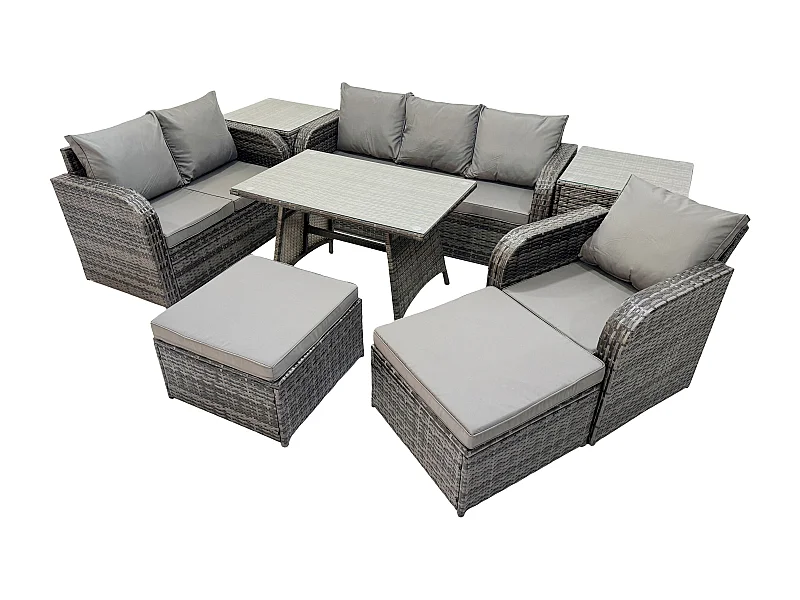 8 PCS Ensemble de canapés en rotin Salon de jardin avec Table à manger rectangulaire Fauteuil 2 Grand tabourets 2 Tables d'appoint Gris foncé mixte