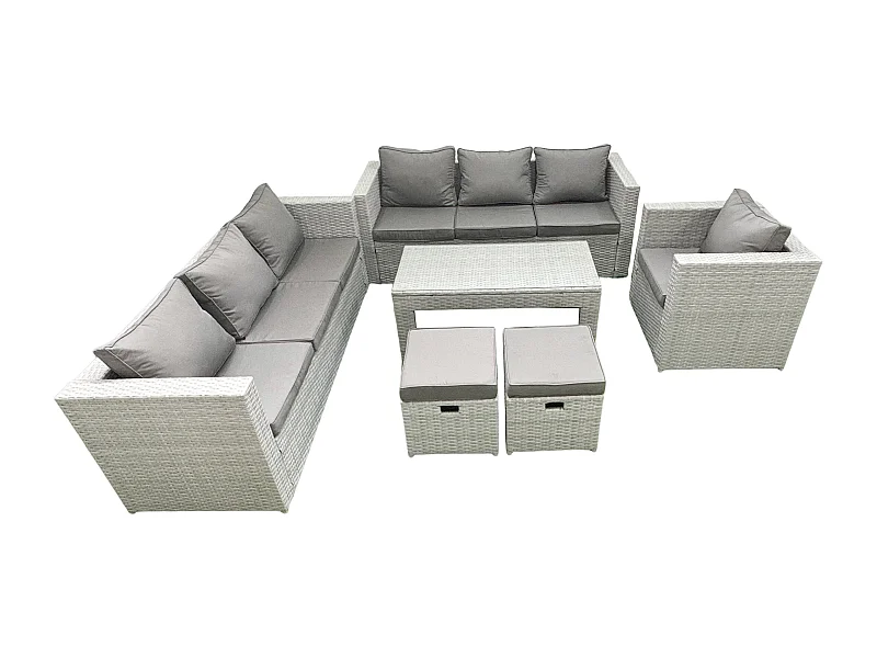 Meubles d'extérieur en rotin avec Table basse oblongue Fauteuil 2 Petits tabourets Gris clair mixte