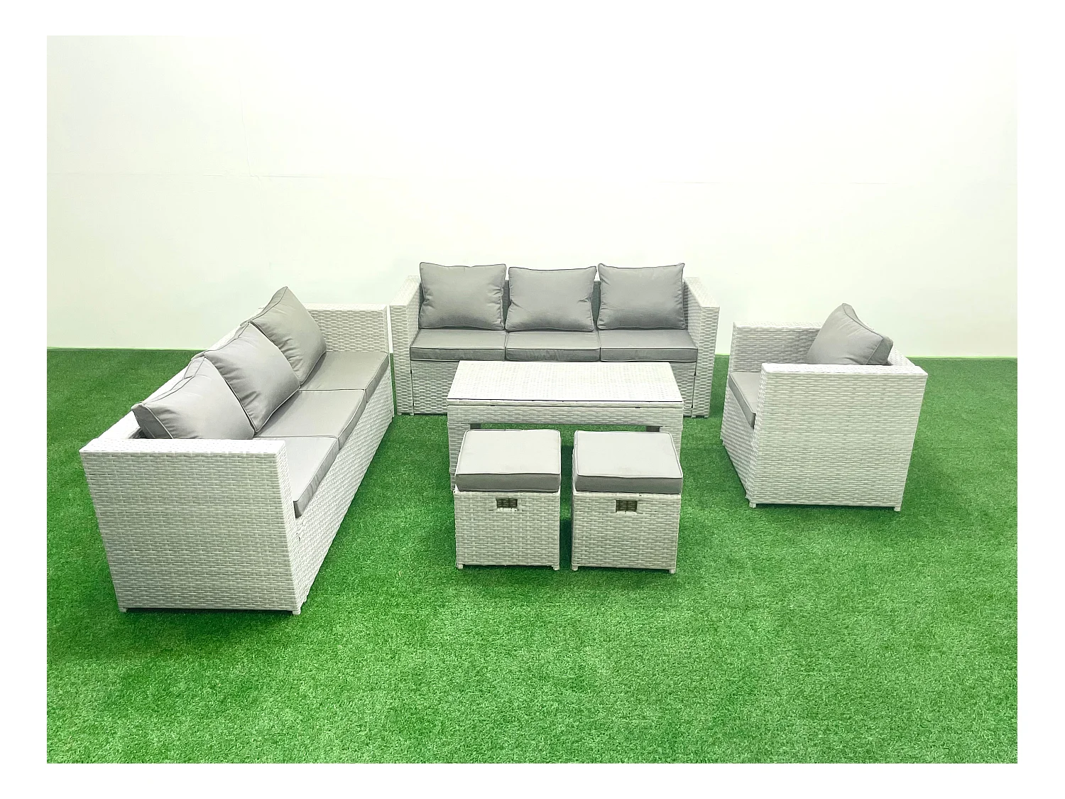 Meubles d'extérieur en rotin avec Table basse oblongue Fauteuil 2 Petits tabourets Gris clair mixte