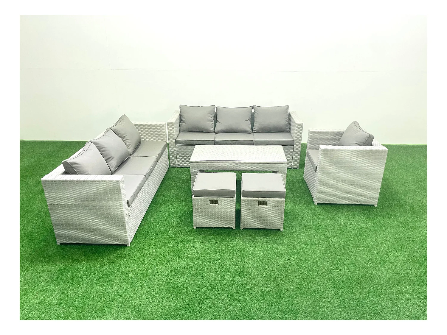 Meubles d'extérieur en rotin avec Table basse oblongue Fauteuil 2 Petits tabourets Gris clair mixte