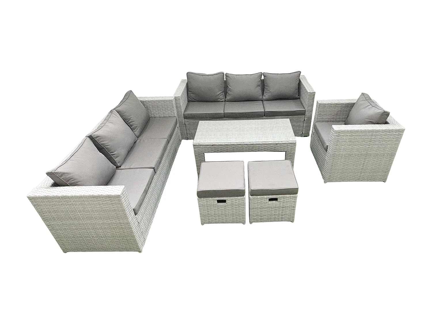 Polyrattan Gartenmöbel-Set im Freien mit Rechteckiger Couchtisch Sessel 2 kleine Fußhockern Hellgrau gemischt