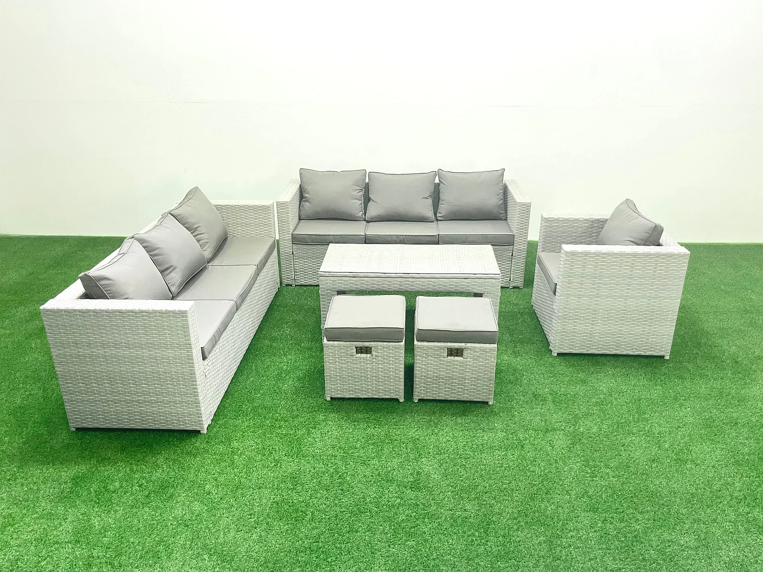 Polyrattan Gartenmöbel-Set im Freien mit Rechteckiger Couchtisch Sessel 2 kleine Fußhockern Hellgrau gemischt