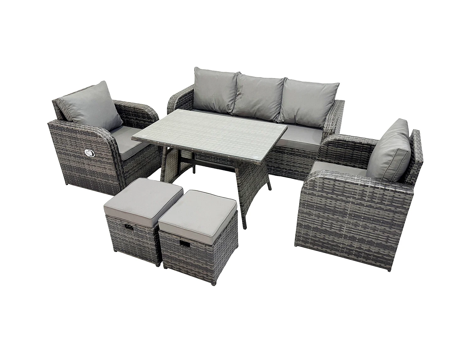 7 places Ensemble de Meubles de Jardin avec Table à manger rectangulaire Chaise inclinable Canapé 3 places 2 Petits tabourets