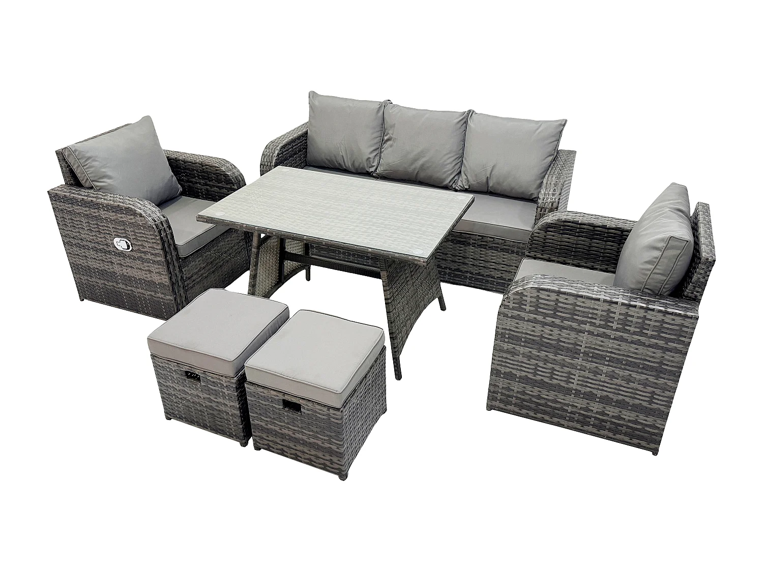 7-Sitzer Hoher Rücken Rattan Gartenmöbel Sets mit Rechteckiger Esstisch Liegestühle 3-Sitzer Sofa 2 kleinen Hockern