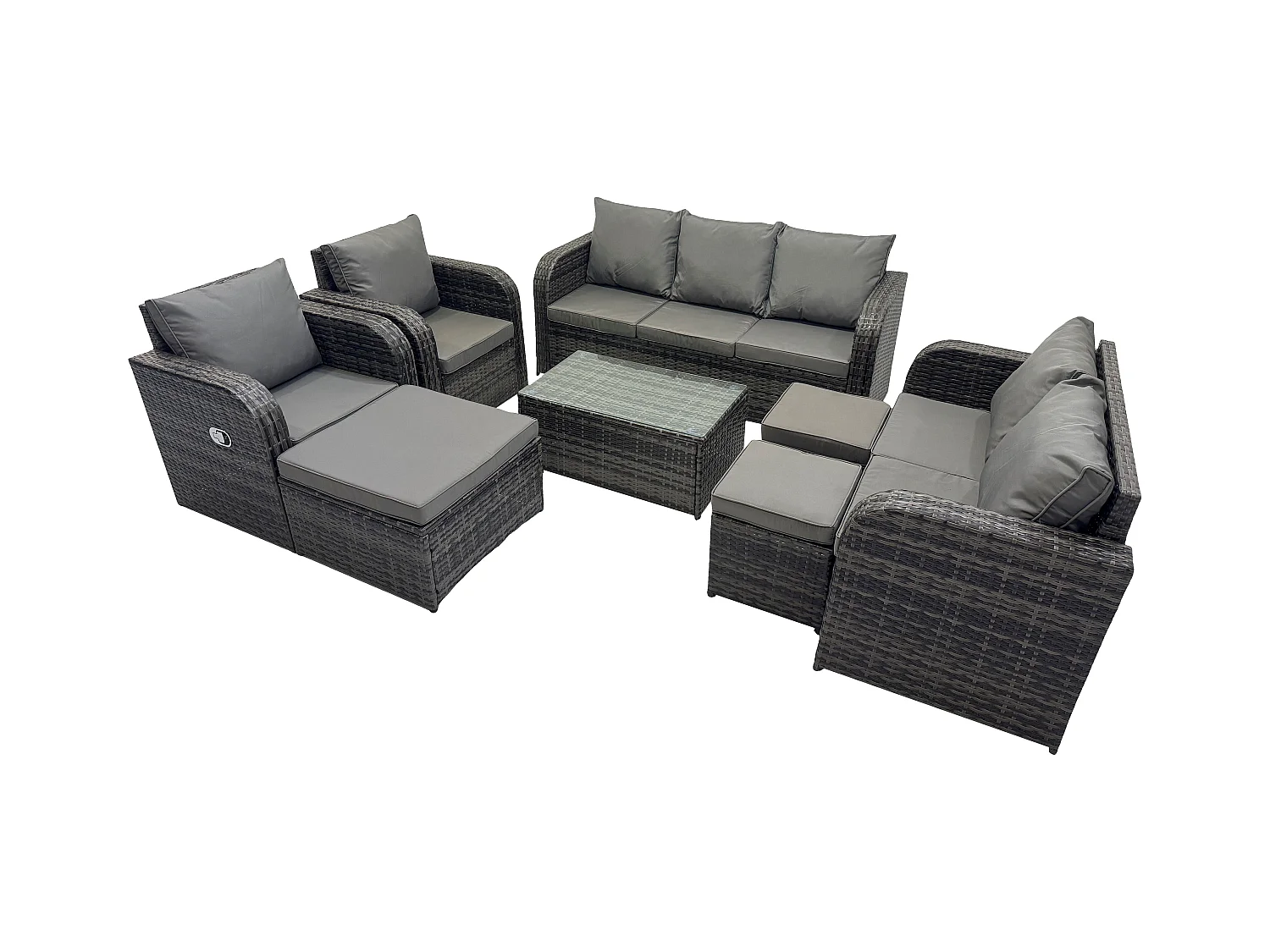 Rattan Gartenmöbel Set im Balkon 10-Sitzer Garten Sofa Set mit Rechteckiger Couchtisch Liegestühle Loveseat Sofa 3 Hockern