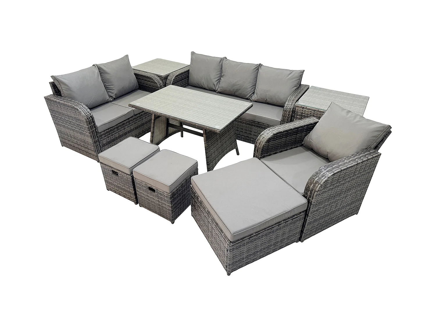 9 PCS Ensemble de canapés en rotin Salon de jardin avec Table à manger rectangulaire Fauteuil 3 Tabourets Gris foncé mixte