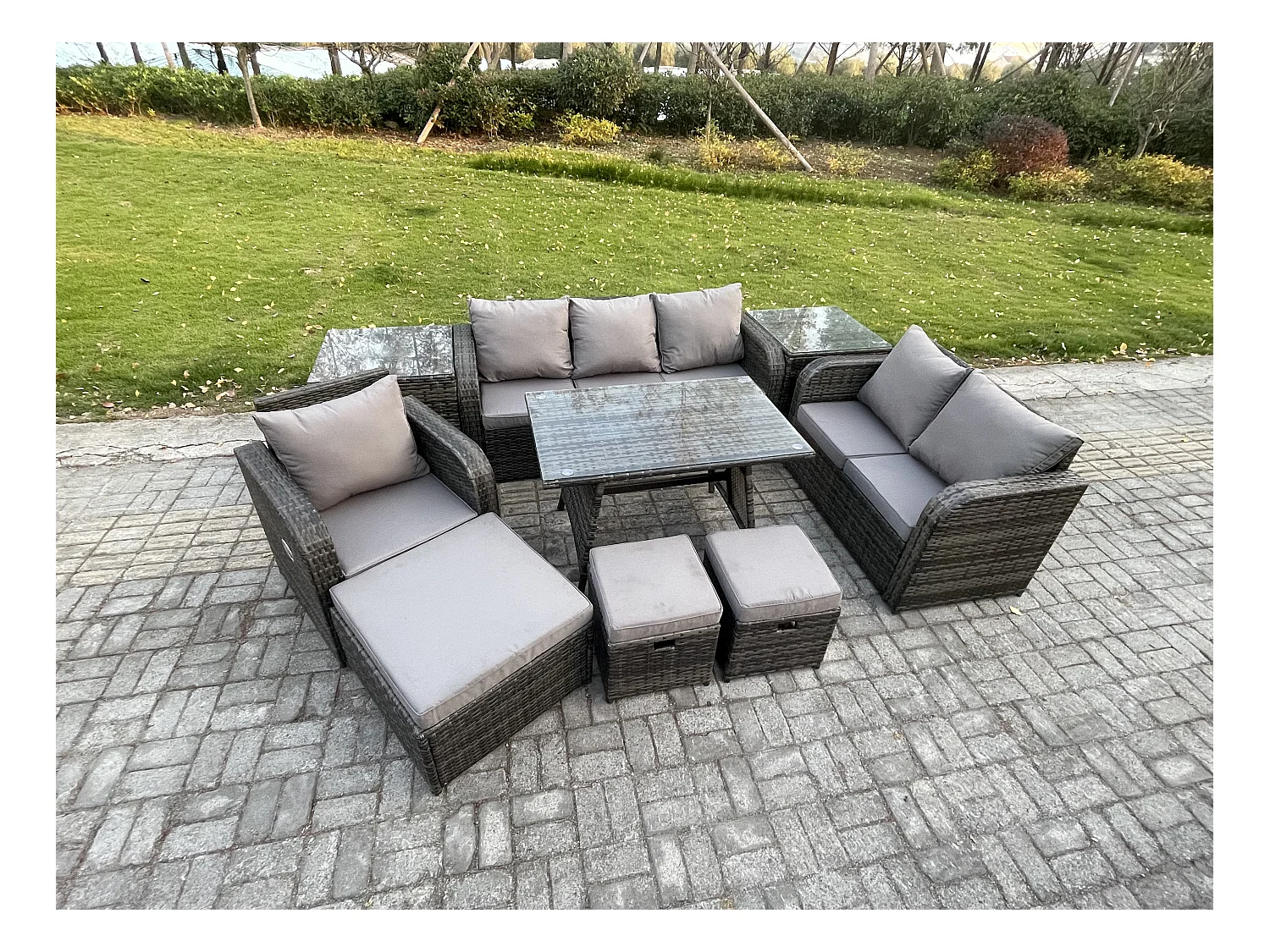 9 PCS Ensemble de canapés en rotin Salon de jardin avec Table à manger rectangulaire Fauteuil 3 Tabourets Gris foncé mixte