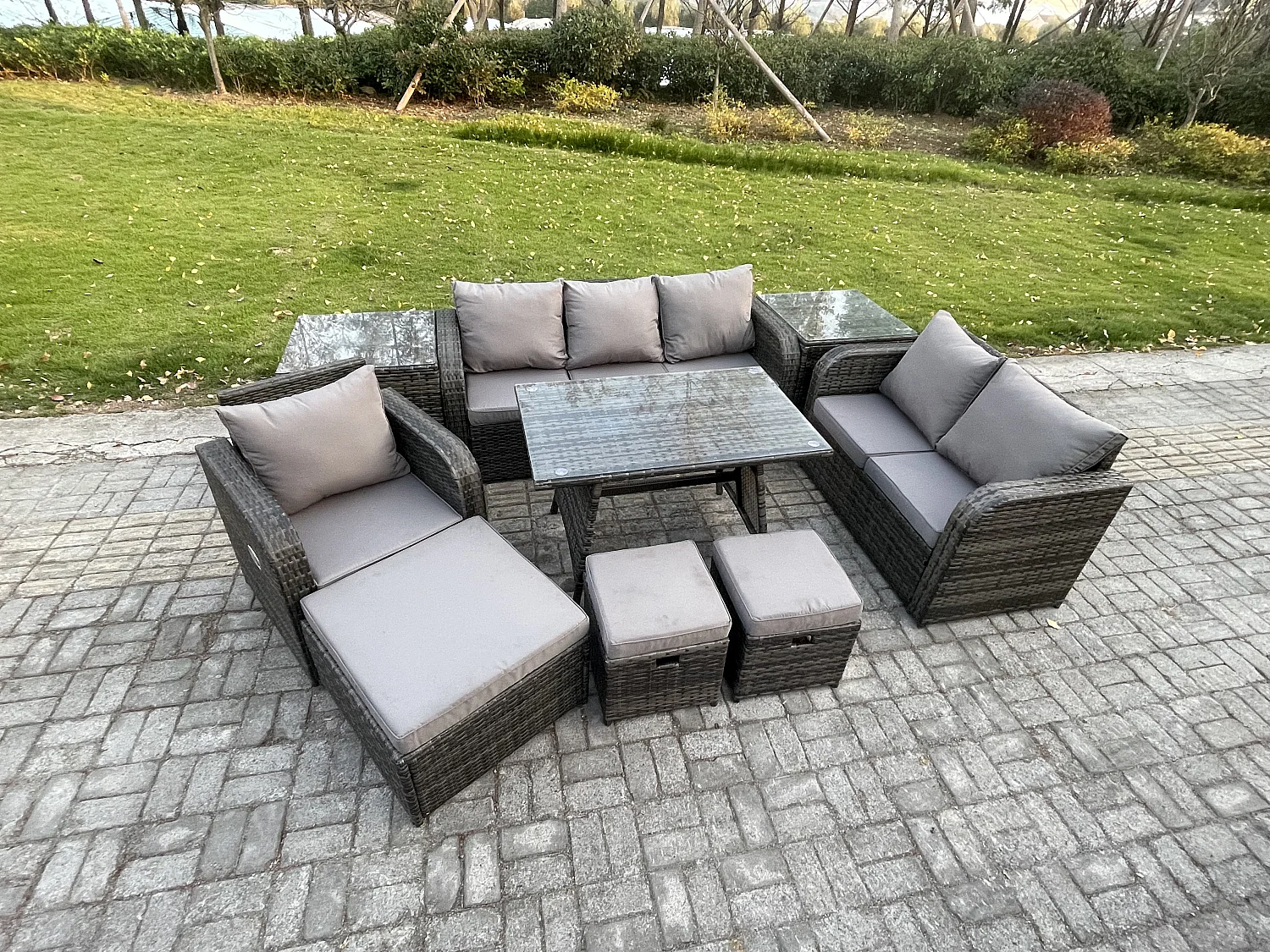 9 PCS Garten Sofa im Freien Set Polyrattan Gartenmöbel Set mit Rechteckiger Esstisch Sessel 3 Hockern Dunkelgrau Gemischt