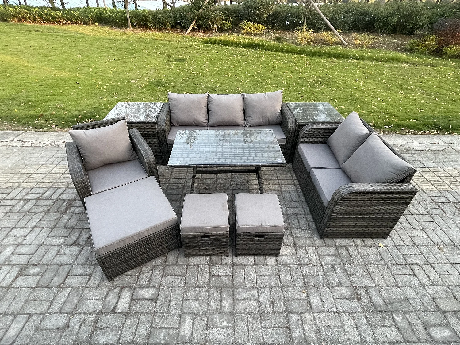 9 PCS Garten Sofa im Freien Set Polyrattan Gartenmöbel Set mit Rechteckiger Esstisch Sessel 3 Hockern Dunkelgrau Gemischt