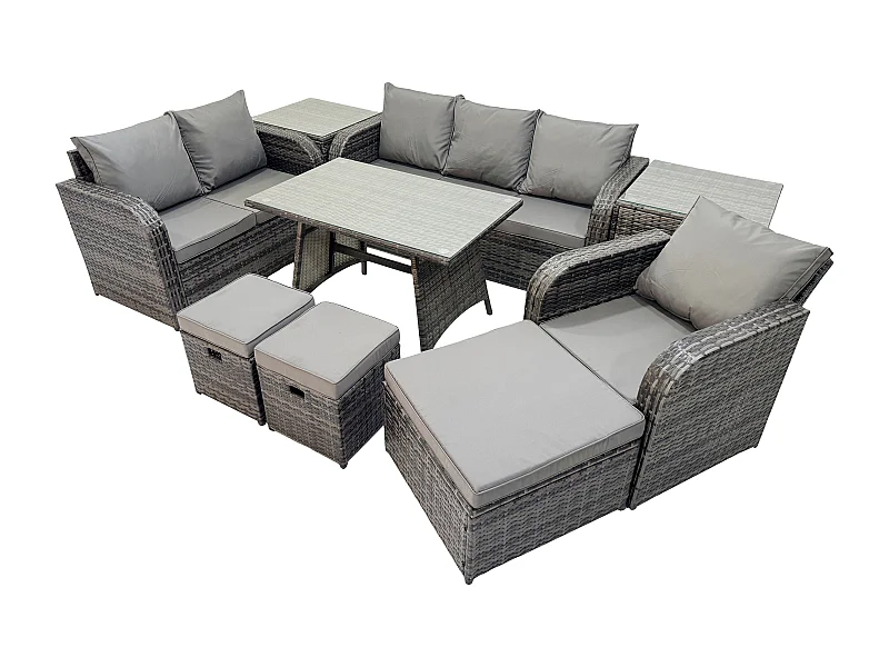 9 PCS Garten Sofa im Freien Set Polyrattan Gartenmöbel Set mit Rechteckiger Esstisch Sessel 3 Hockern Dunkelgrau Gemischt
