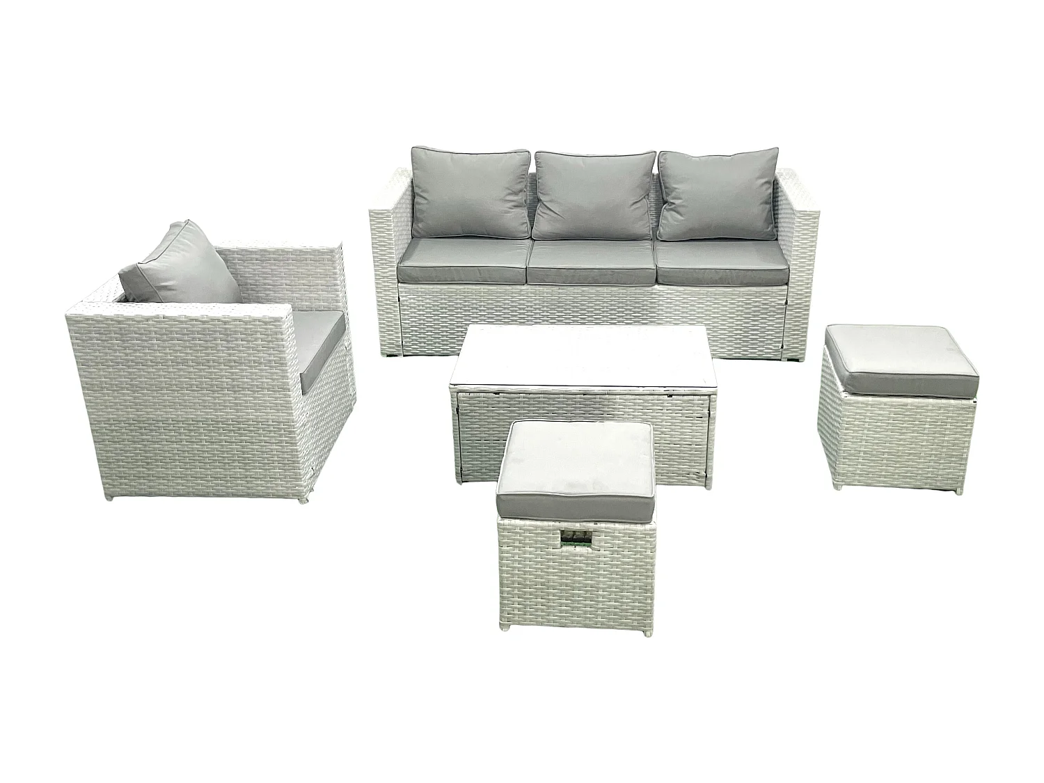 Polyrattan Gartenmöbel Set mit 3-Sitzer Sofa Sessel Rechteckiger Couchtisch 2 Großer Hockern Hellgrau gemischt 6-Sitzer