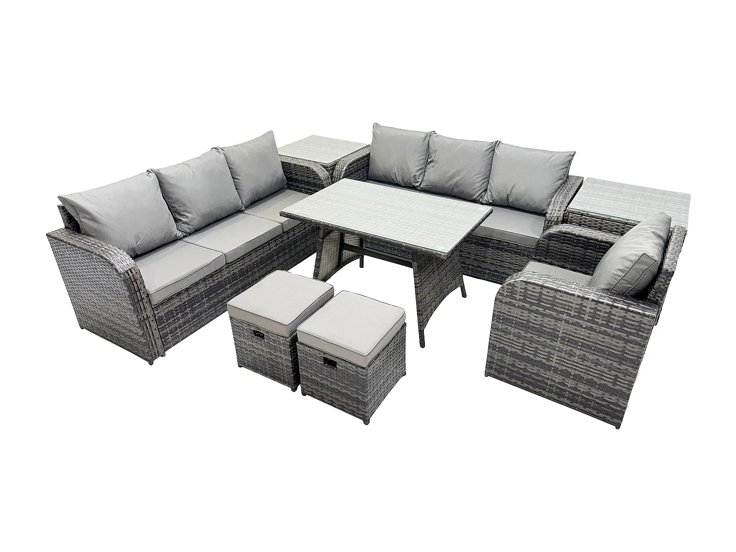 Wicker 8 Stücke Polyrattan Gartenmöbel set mit Rechteckiger Esstisch Sessel 2 kleine Fußhockern 2 Beistelltischen Dunkelgrau Gemischt