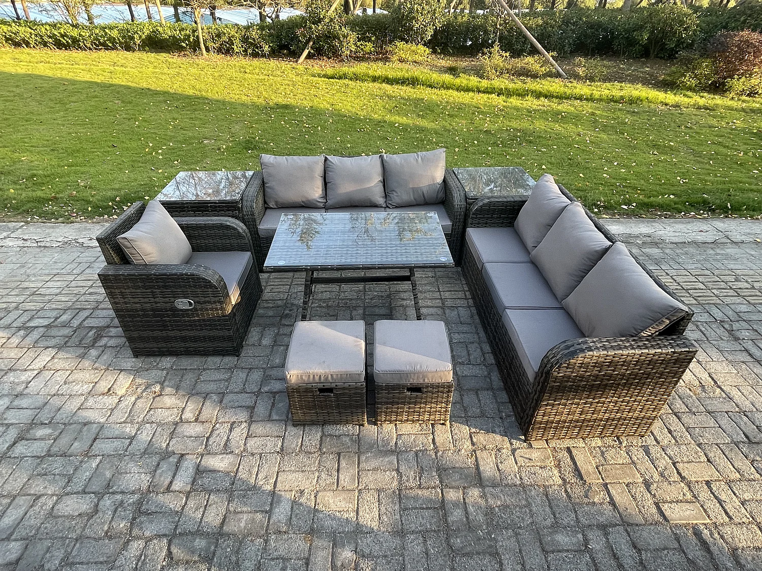 Wicker 8 Stücke Polyrattan Gartenmöbel set mit Rechteckiger Esstisch Sessel 2 kleine Fußhockern 2 Beistelltischen Dunkelgrau Gemischt