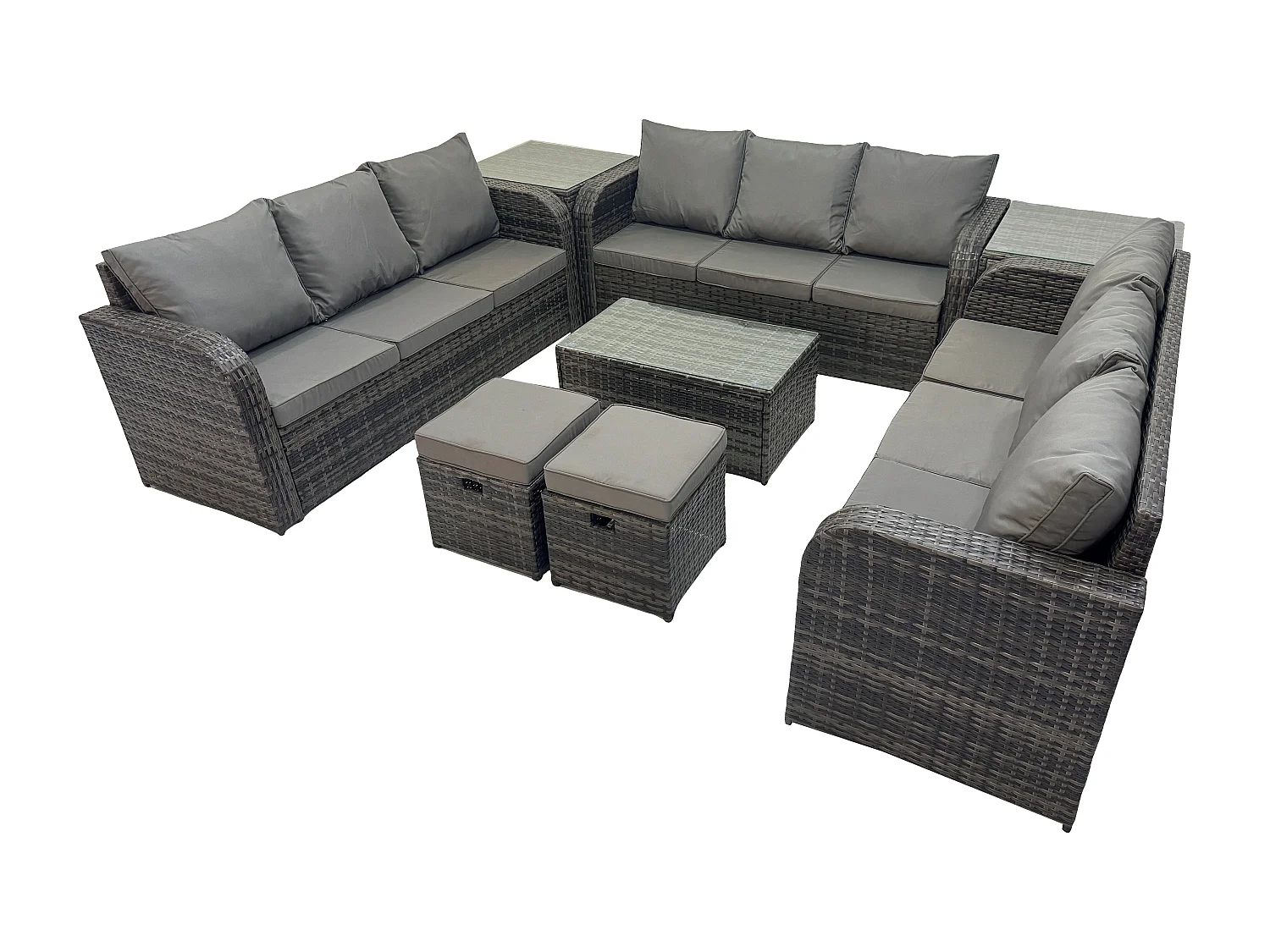 Rattan Lounge Sofa Set 11-Sitzer Gartenmöbel-Set mit Rechteckiger Couchtisch 3-Sitzer Sofa 2 Beistelltischen 2 kleine Fußhockern Dunkelgrau Gemischt