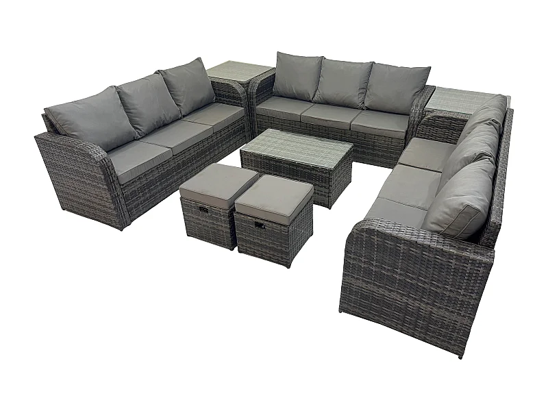 Rattan Lounge Sofa Set 11-Sitzer Gartenmöbel-Set mit Rechteckiger Couchtisch 3-Sitzer Sofa 2 Beistelltischen 2 kleine Fußhockern Dunkelgrau Gemischt