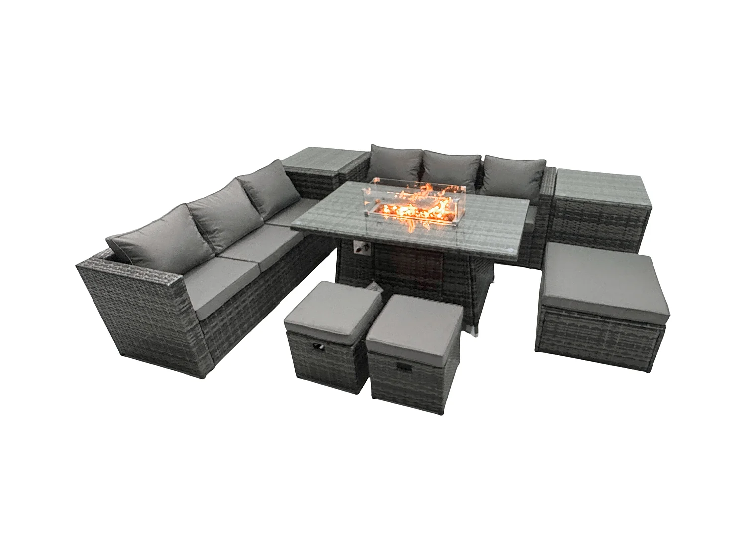 Ensemble de meubles de jardin en rotin ave Table de foyer à gaz 9 places Ensemble de canapés avec 2 Tables d'appoint 3 Tabourets