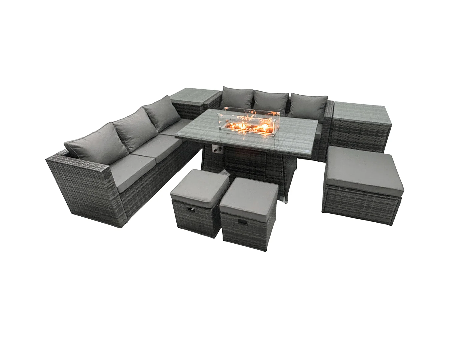 Ensemble de meubles de jardin en rotin ave Table de foyer à gaz 9 places Ensemble de canapés avec 2 Tables d'appoint 3 Tabourets