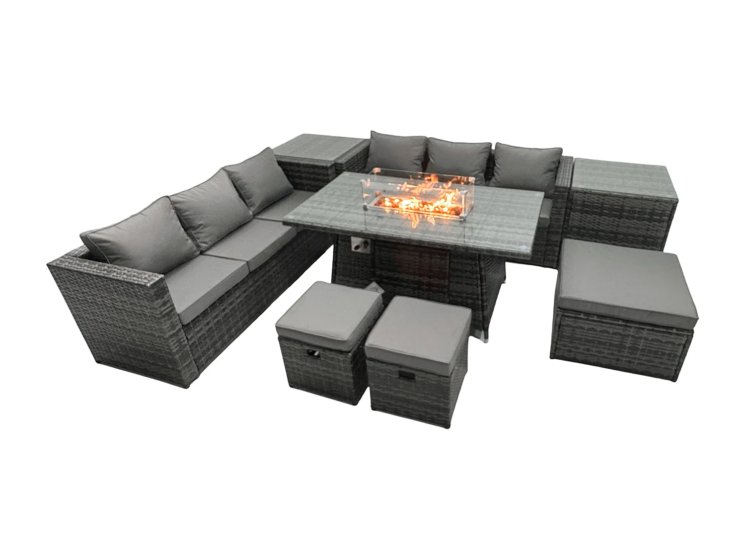 Rattan Gartenmöbel Set 9-Sitzer Garten Sofa Gas Feuertisch Set mit 2 Beistelltisch 3 Hockern