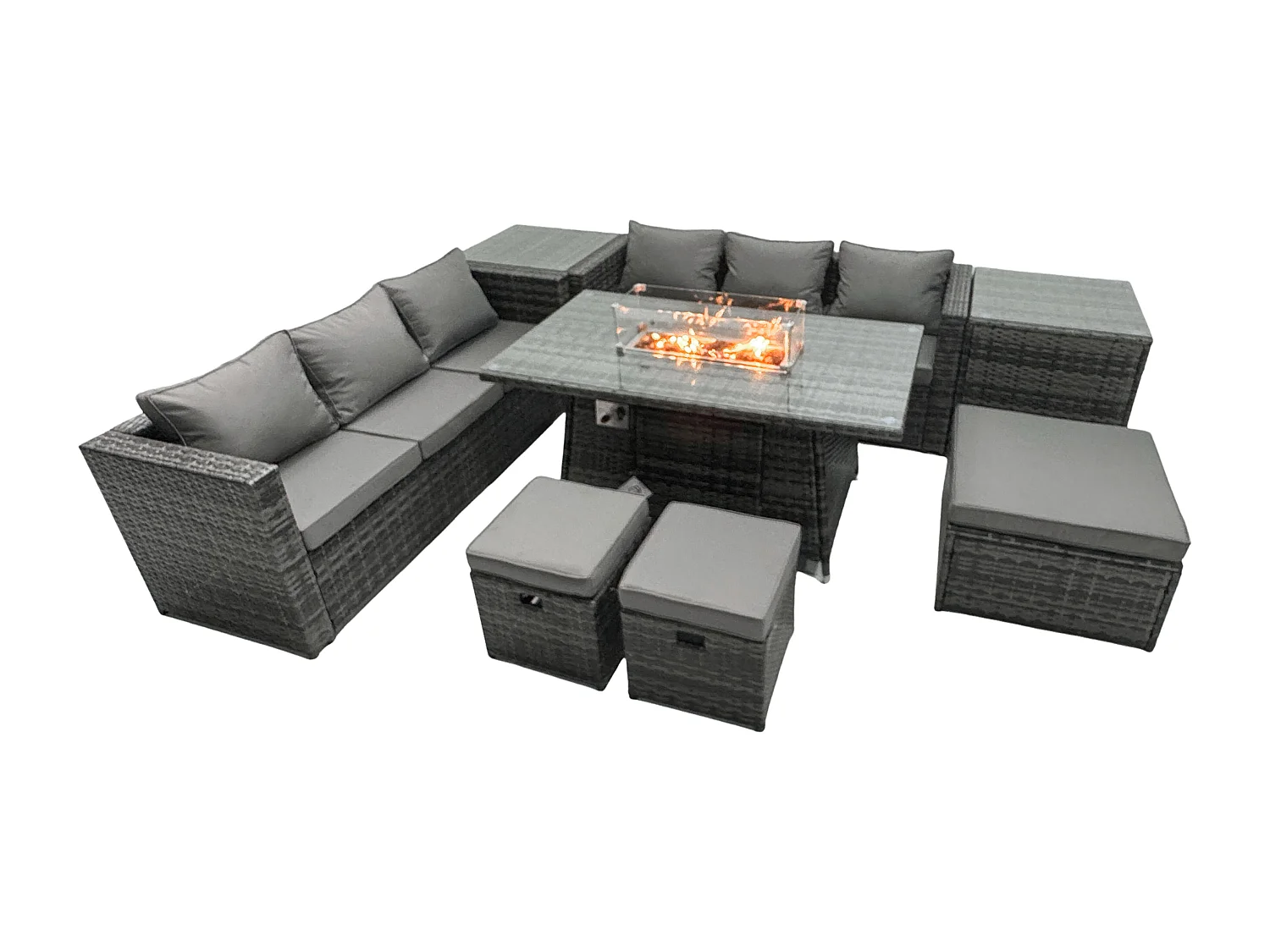 Rattan Gartenmöbel Set 9-Sitzer Garten Sofa Gas Feuertisch Set mit 2 Beistelltisch 3 Hockern