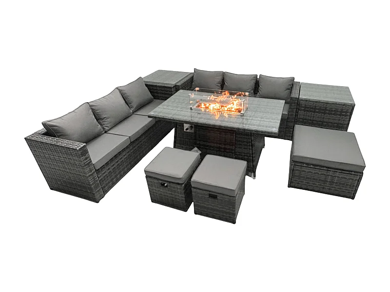 Rattan Gartenmöbel Set 9-Sitzer Garten Sofa Gas Feuertisch Set mit 2 Beistelltisch 3 Hockern