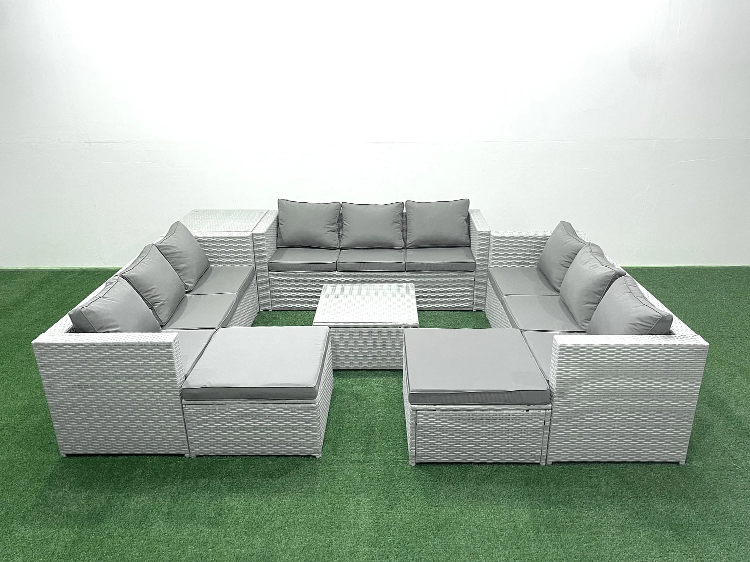 Gartenmöbel im Freien Polyrattan 11-Sitzer Rattan Garten Sofa Set mit 2 hohen Hockern Beistelltisch Hellgrau gemischt