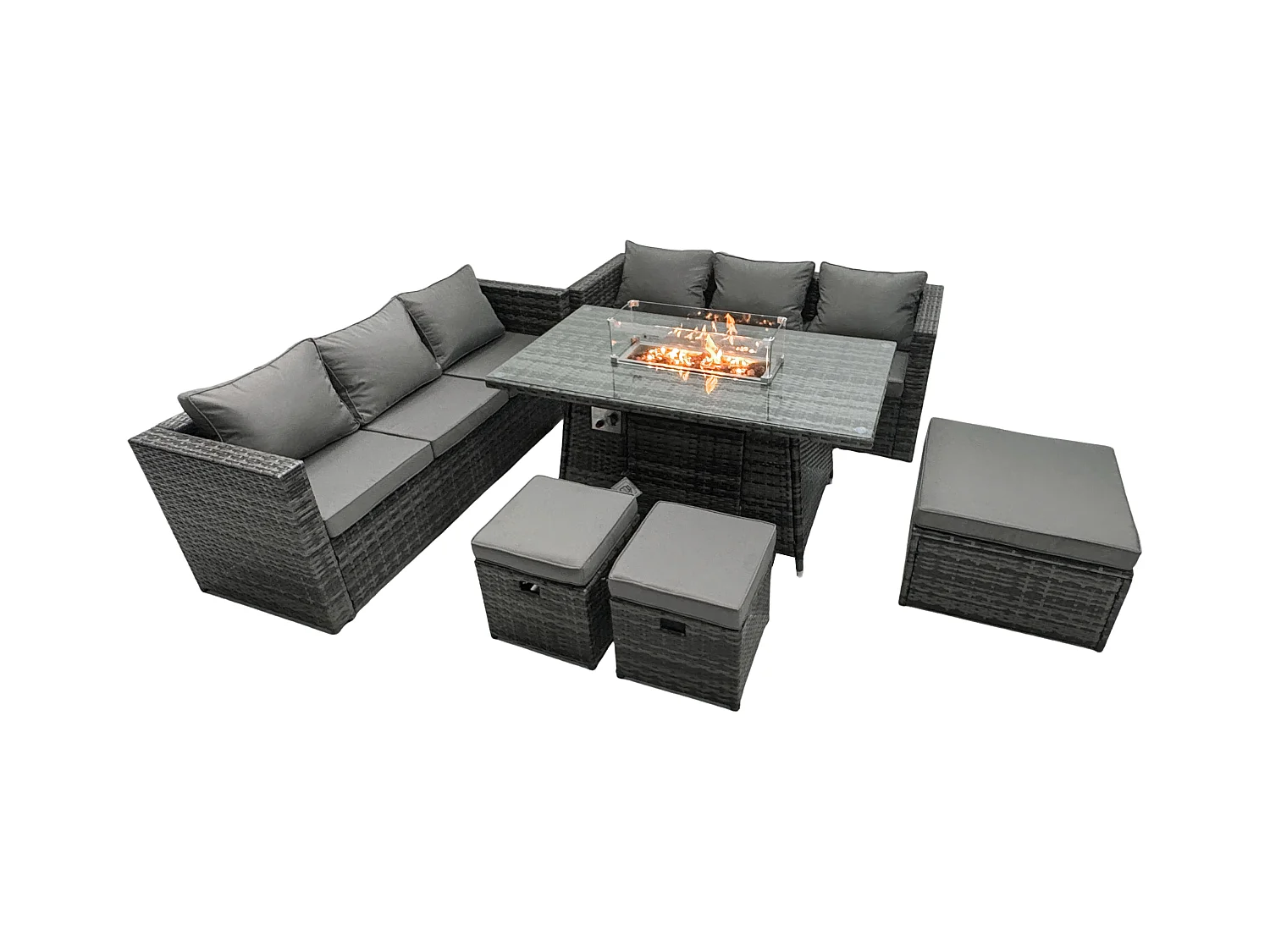 Rattan Gartenmöbel Set 6-Sitzer Garten Sofa Gas Feuertisch Set mit 3 Hockern