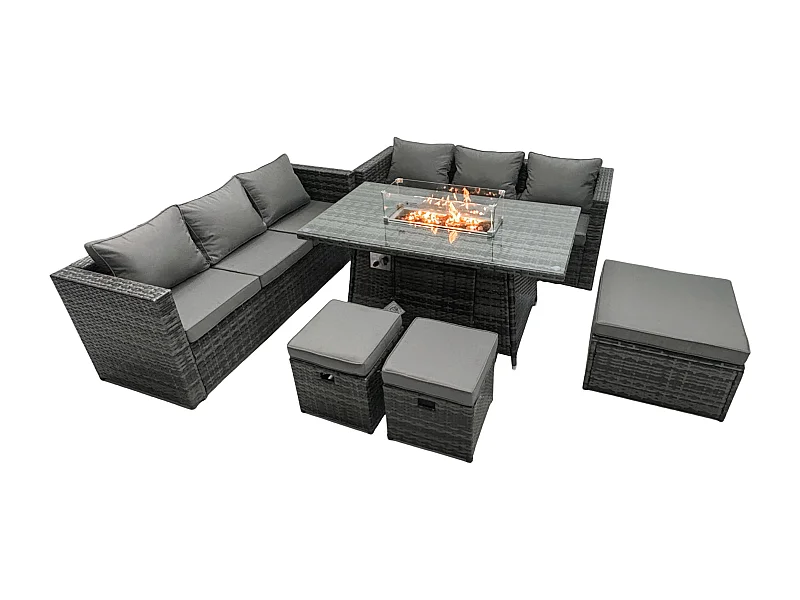 Ensemble de meubles de jardin en rotin ave Table de foyer à gaz 6 places Ensemble de canapés avec 3 Tabourets