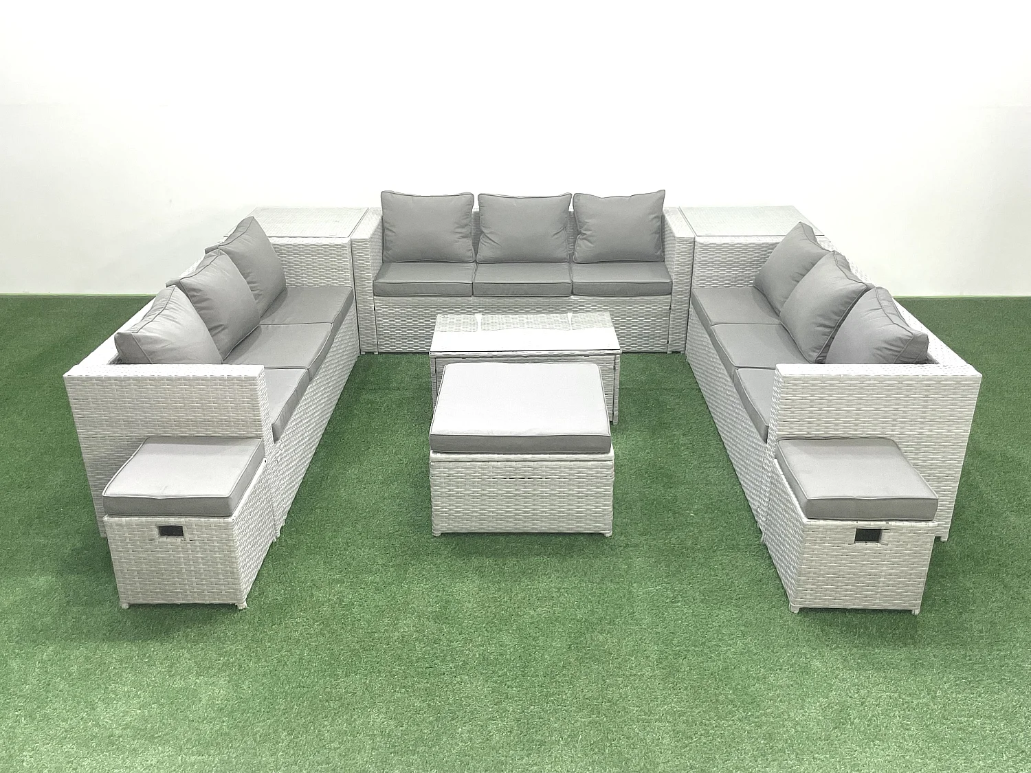 Ensemble de meubles de jardin en rotin 12 places avec Canapé de jardin Table basse 3 Tabourets 2 Tables d'appoint Gris clair mixte