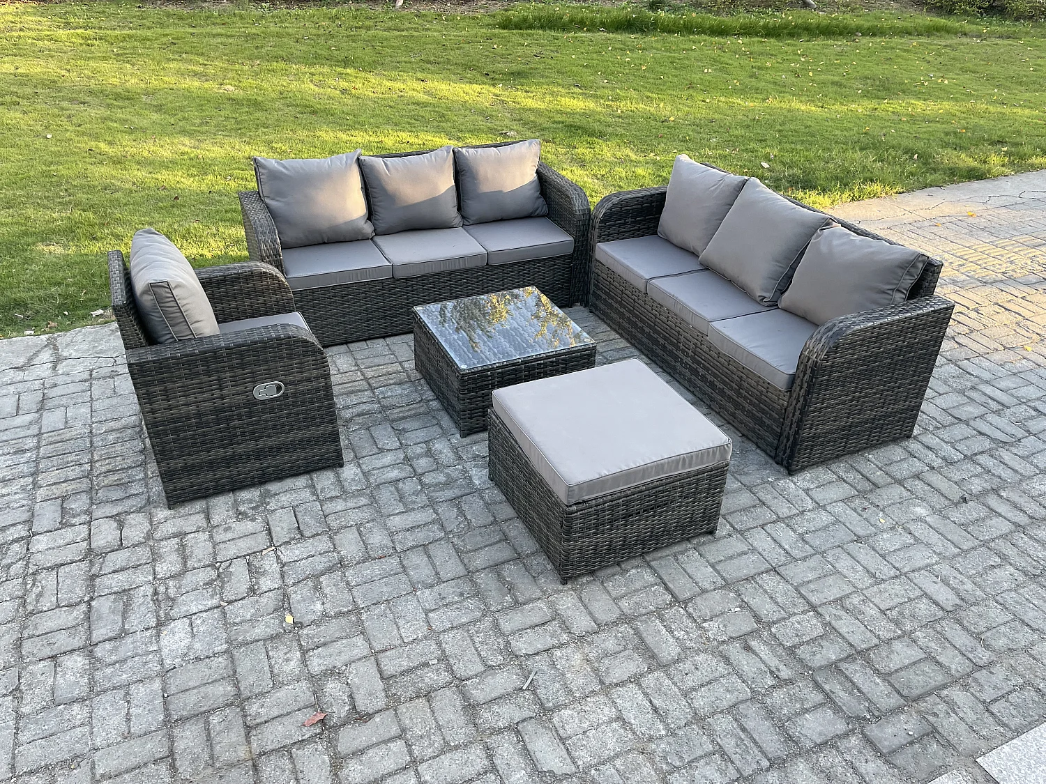 Polyrattan Gartenmöbelset Garten Sofa Couchtisch Set mit Liegestühle 2 Großer Hockern Dunkelgrau Gemischt