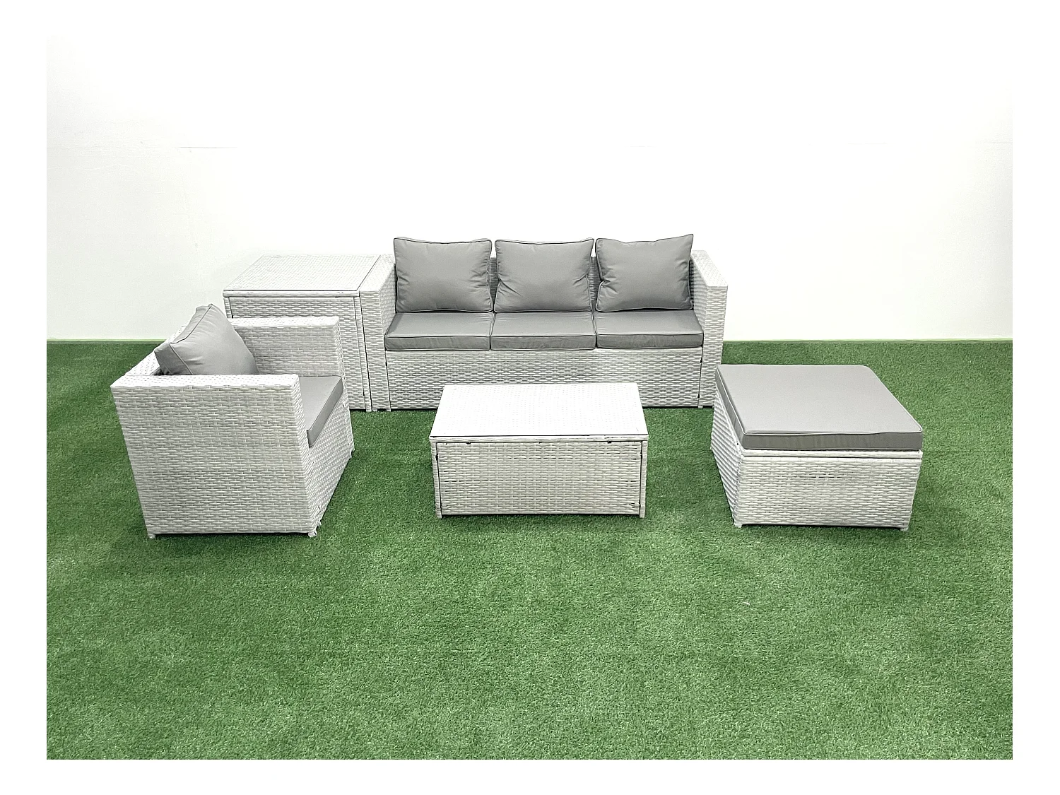 5 Pièces Salon de jardin Canapé de jardin avec Fauteuil Table basse Table d'appoint Grand tabouret Gris clair mixte