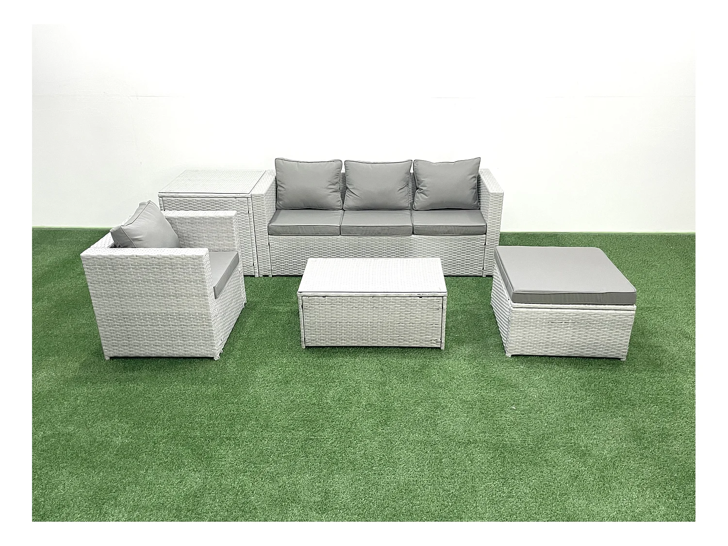 5 Pièces Salon de jardin Canapé de jardin avec Fauteuil Table basse Table d'appoint Grand tabouret Gris clair mixte