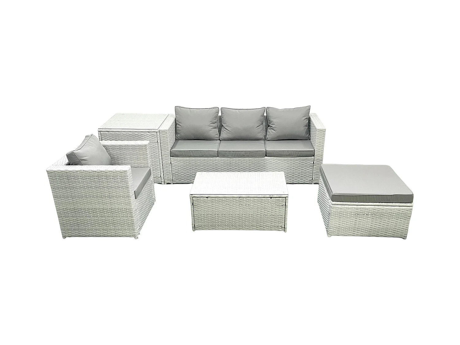 5 Stücke Rattan Gartenmöbel Set Garten Sofa Stuhl Couchtisch Set mit Beistelltisch 2 Großer Hockern Hellgrau gemischt